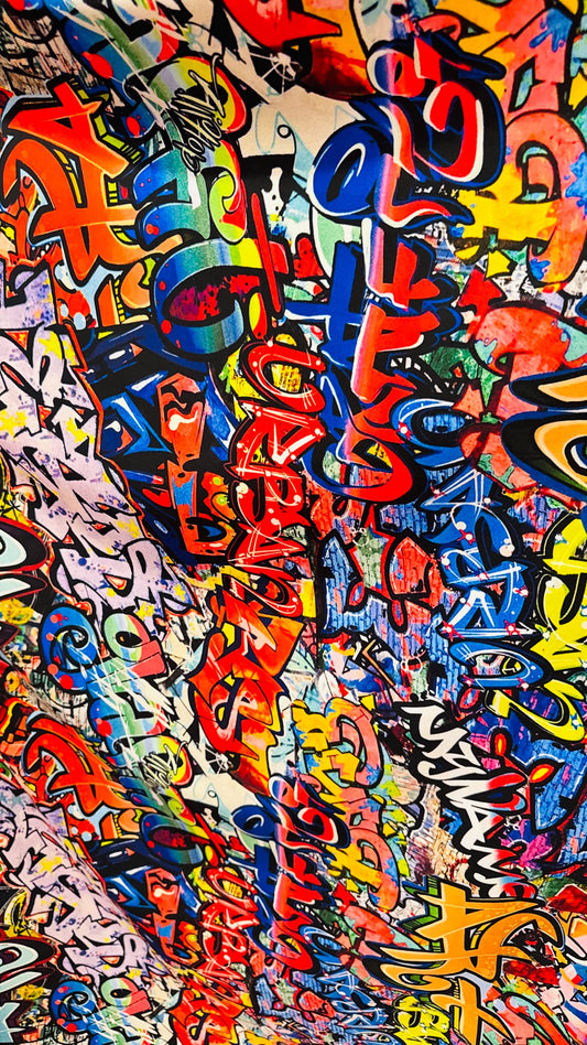 Graffiti design Multicolor print on great quality of nylon spandex  4-way stretch 58/60” Sold by the YD. Ships worldwide from Los Angeles CA