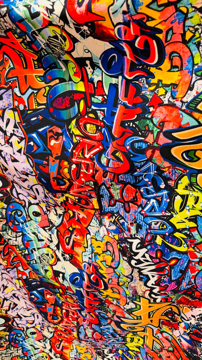 Graffiti design Multicolor print on great quality of nylon spandex  4-way stretch 58/60” Sold by the YD. Ships worldwide from Los Angeles CA