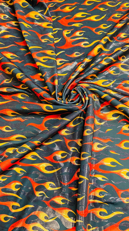 New Hot flames design metallic nylon spandex with foggy foil 4-way stretch 58/60” Sold by the YD. Ships Worldwide from Los Angeles CA USA