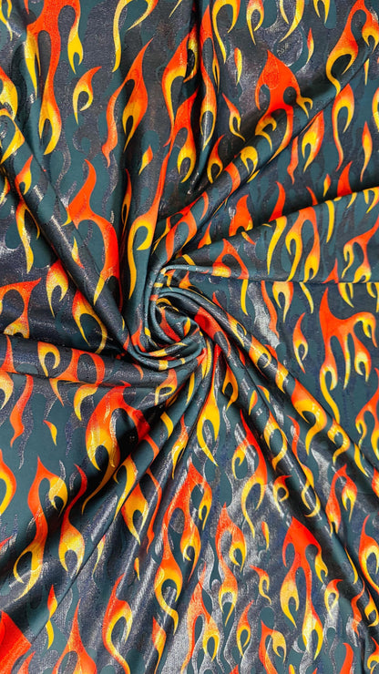 New Hot flames design metallic nylon spandex with foggy foil 4-way stretch 58/60” Sold by the YD. Ships Worldwide from Los Angeles CA USA