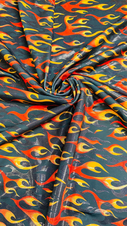 New Hot flames design metallic nylon spandex with foggy foil 4-way stretch 58/60” Sold by the YD. Ships Worldwide from Los Angeles CA USA