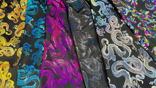 New 3D Dragon design Iridescent metallic nylon spandex 4-way stretch 58/60” Sold by the YD. Ships worldwide from Los Ángeles California USA.