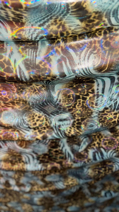 New 3D Safari design multicolor metallic nylon spandex 4way stretch 58/60" Sold by the yd. Ships worldwide from Los Angeles California USA.
