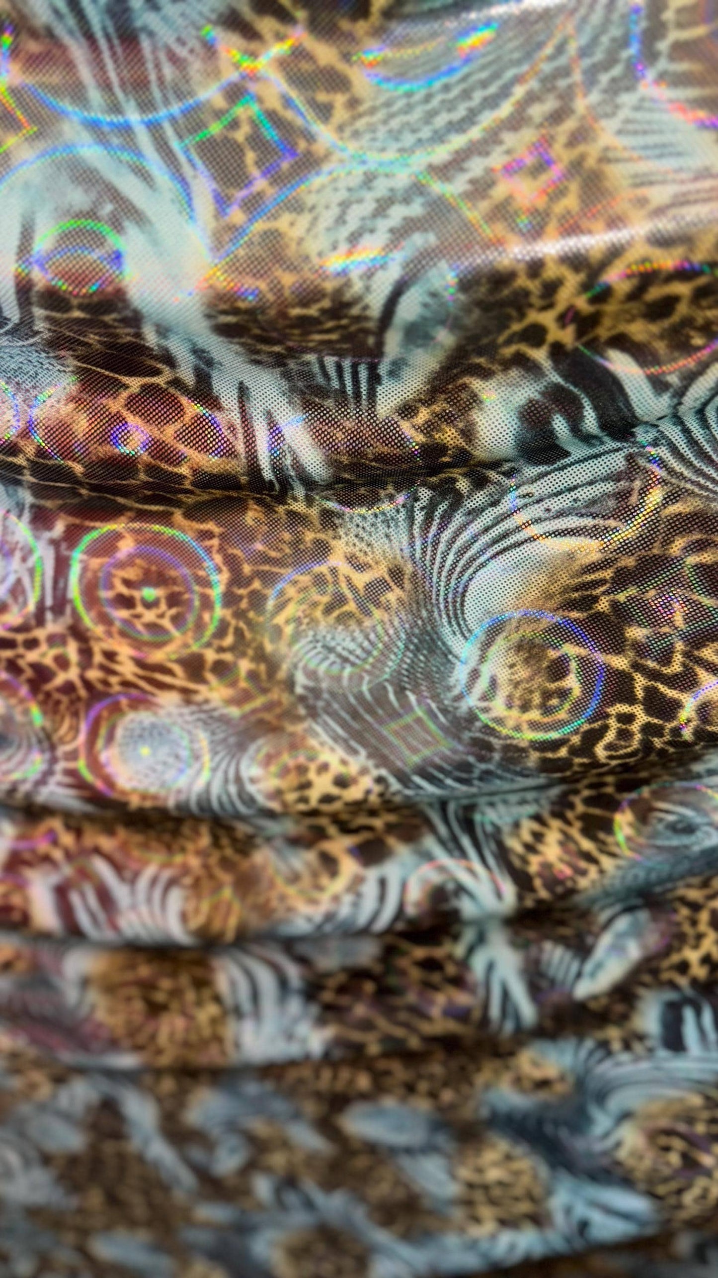 New 3D Safari design multicolor metallic nylon spandex 4way stretch 58/60" Sold by the yd. Ships worldwide from Los Angeles California USA.