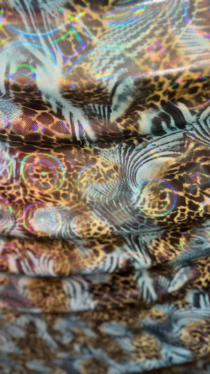 New 3D Safari design multicolor metallic nylon spandex 4way stretch 58/60" Sold by the yd. Ships worldwide from Los Angeles California USA.