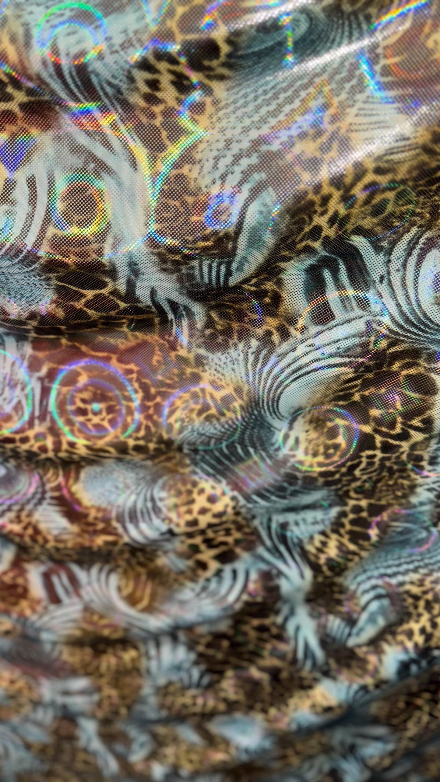 New 3D Safari design multicolor metallic nylon spandex 4way stretch 58/60" Sold by the yd. Ships worldwide from Los Angeles California USA.