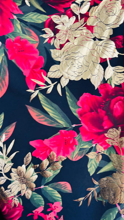 New Romantic flower design Black Multicolor print on great quality of Poly spandex with foil  4-way stretch 58/60” Sold by the YD.