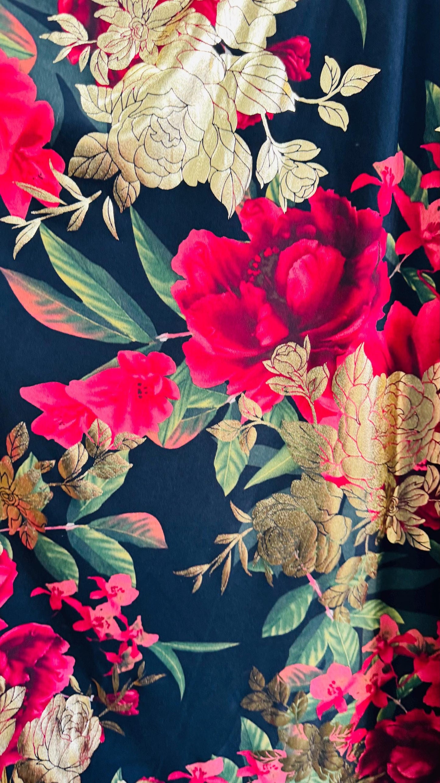 New Romantic flower design Black Multicolor print on great quality of Poly spandex with foil  4-way stretch 58/60” Sold by the YD.