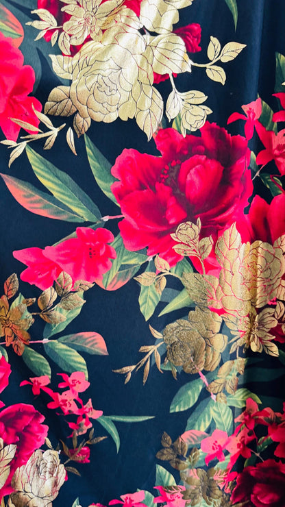 New Romantic flower design Black Multicolor print on great quality of Poly spandex with foil  4-way stretch 58/60” Sold by the YD.