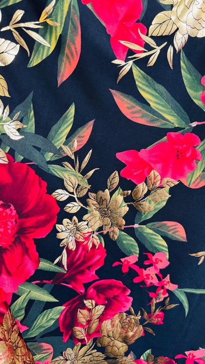New Romantic flower design Black Multicolor print on great quality of Poly spandex with foil  4-way stretch 58/60” Sold by the YD.