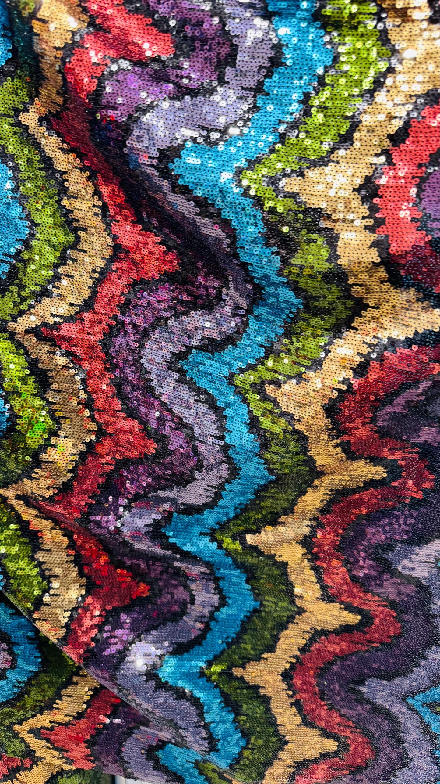New modern wavy design trans sequins on 4-way stretch power mesh 54/55” Sold by the YD. Ships worldwide from Los Angeles California USA.