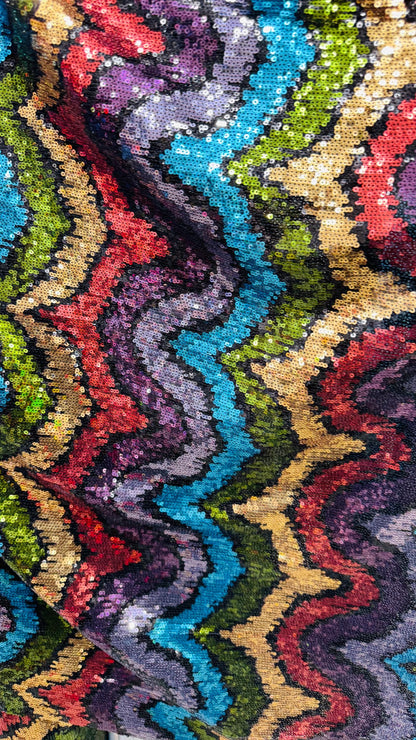 New modern wavy design trans sequins on 4-way stretch power mesh 54/55” Sold by the YD. Ships worldwide from Los Angeles California USA.
