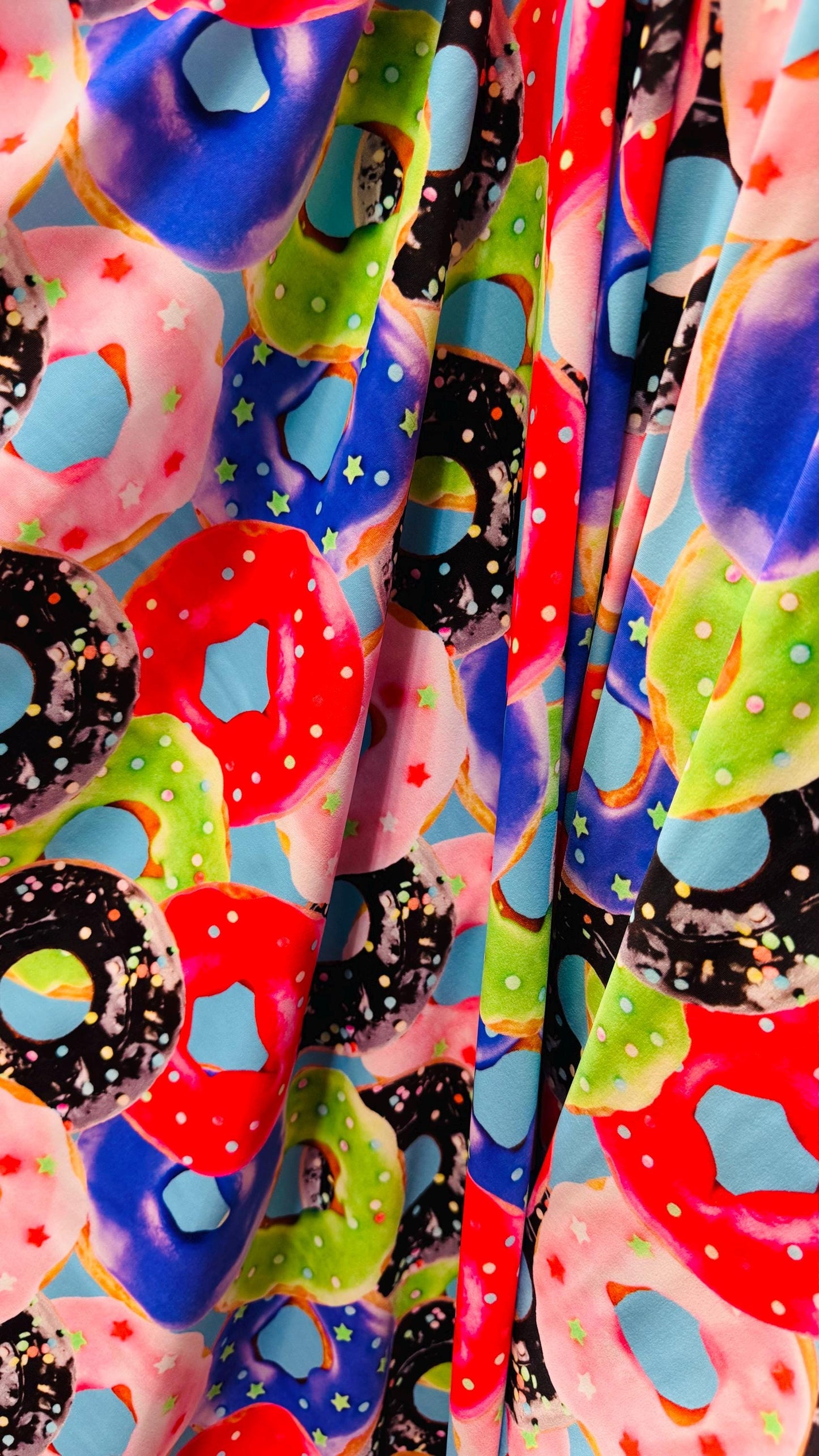 Donuts Print Nylon Spandex Fabric, Multicolor 4-Way Stretch