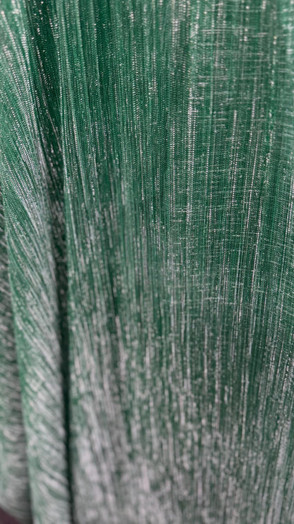 New Pleated metallic stretch mesh  Green/Silver 4way stretch 58/60" Sold by the YD. Ships worldwide from Los Angeles California USA.