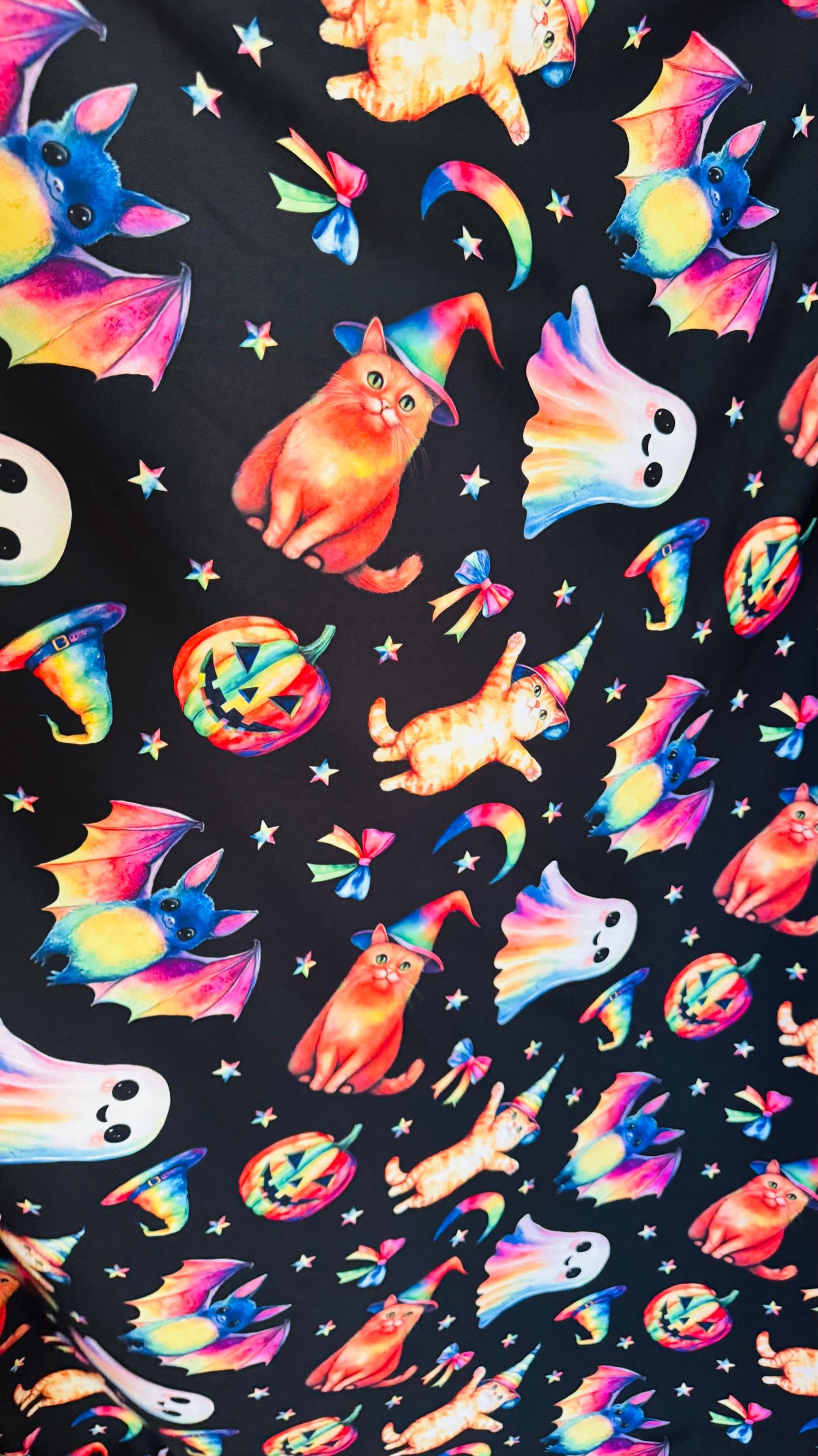 Halloween Multi designs Black/Rainbow print on Poly Spandex 4-way stretch 58/60” Sold by the YD. Ships Worldwide from Los Angele California