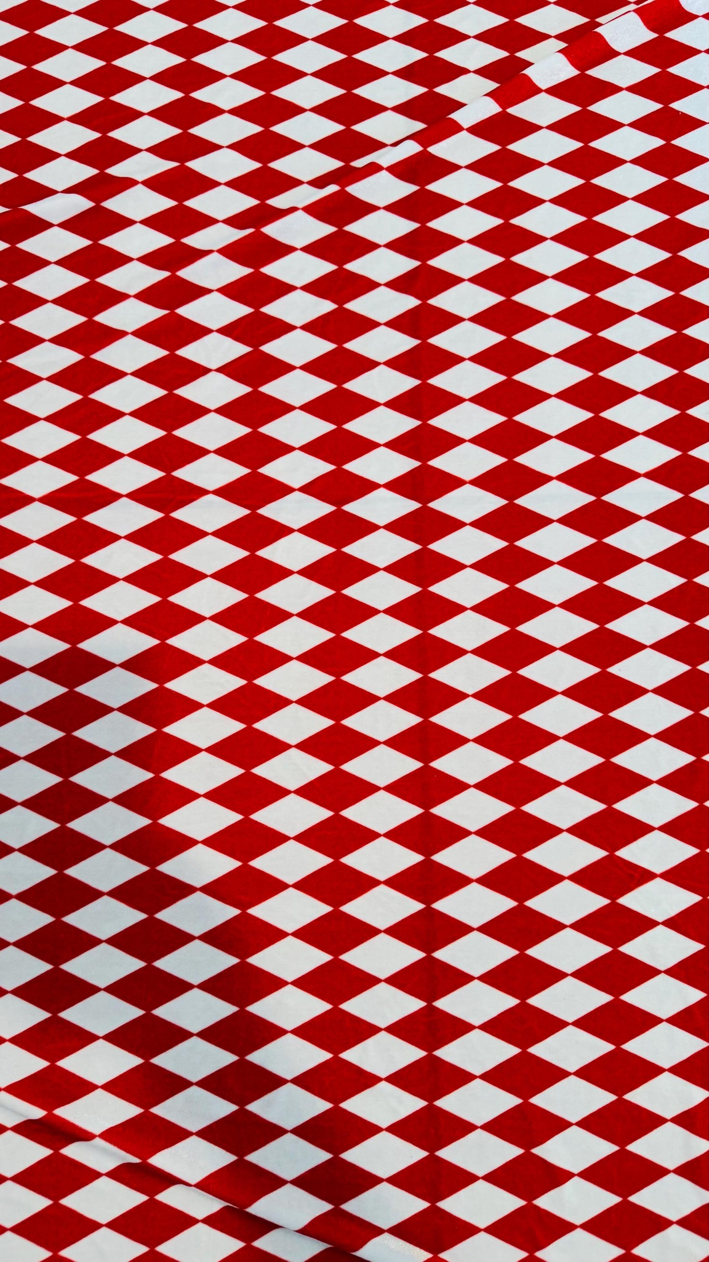 Diamond Harlequin design Red/White print on great quality of stretch velvet 4-way stretch 58/60”