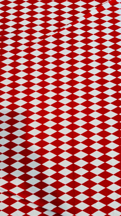 Diamond Harlequin design Red/White print on great quality of stretch velvet 4-way stretch 58/60”