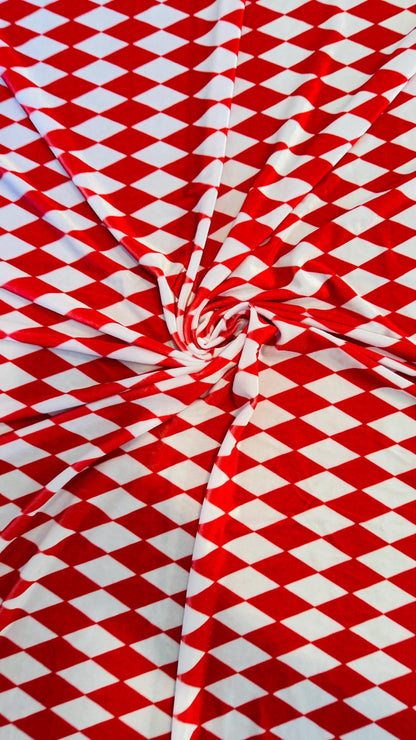 Diamond Harlequin design Red/White print on great quality of stretch velvet 4-way stretch 58/60”