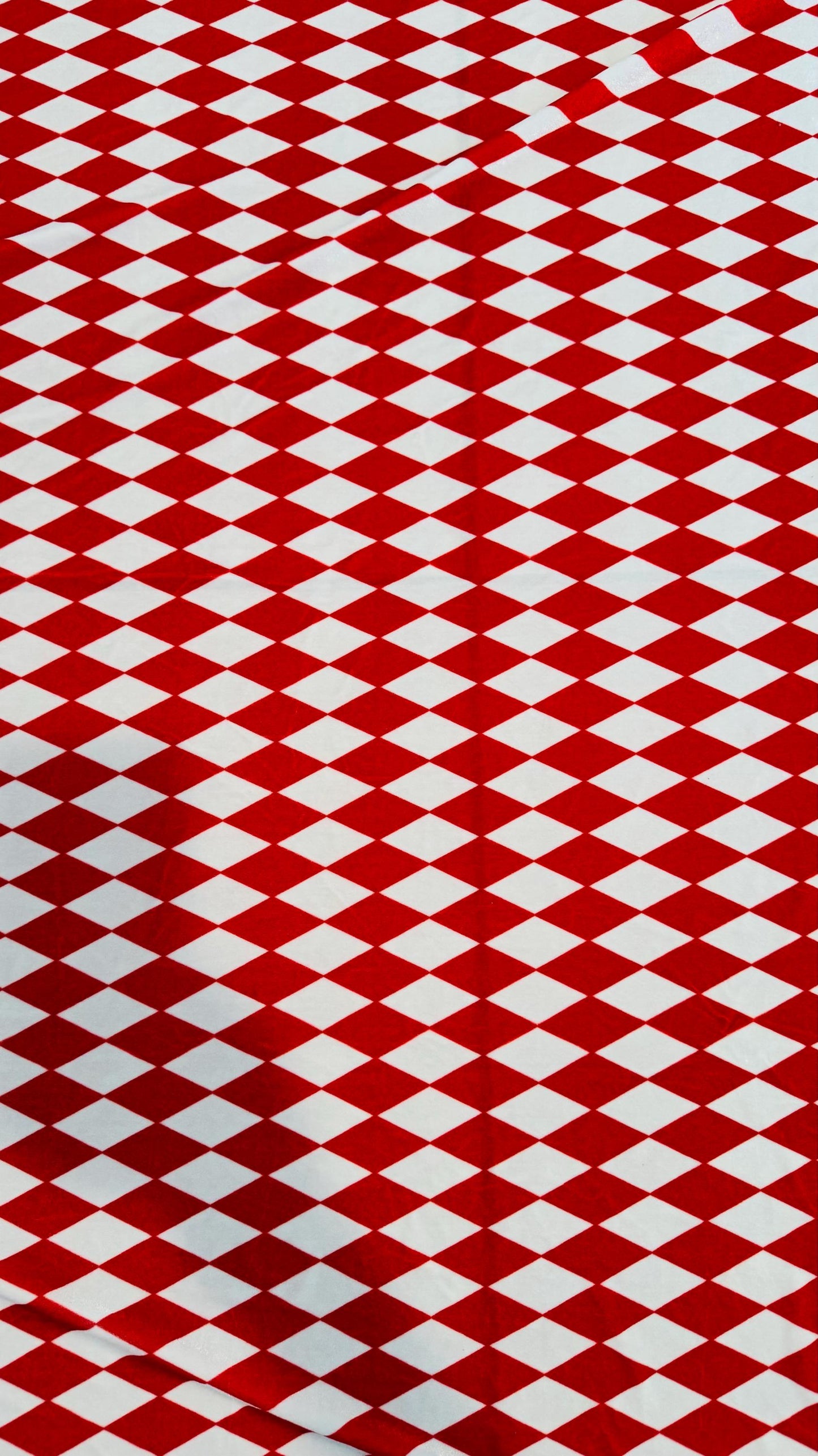 Diamond Harlequin design Red/White print on great quality of stretch velvet 4-way stretch 58/60”