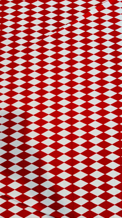 Diamond Harlequin design Red/White print on great quality of stretch velvet 4-way stretch 58/60”