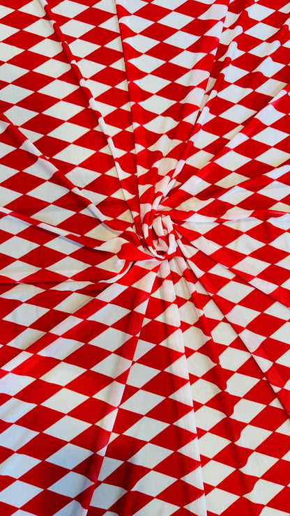 Diamond Harlequin design White/Black and White/Red print on great quality of nylon power mesh 4-way stretch 58/60”