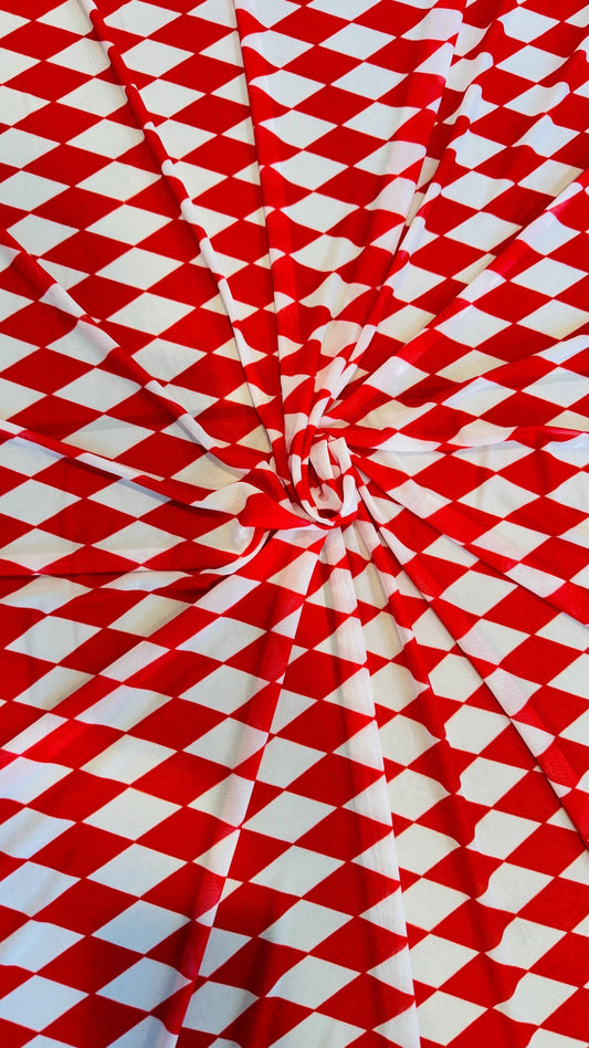 Diamond Harlequin design White/Black and White/Red print on great quality of nylon power mesh 4-way stretch 58/60”