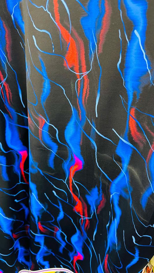 Abstract design black/Multicolor print on nylon spandex 4way Stretch 58/60" Sold by the YD. Ships worldwide from Los Ángeles California USA.