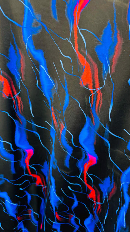 Abstract design black/Multicolor print on nylon spandex 4way Stretch 58/60" Sold by the YD. Ships worldwide from Los Ángeles California USA.