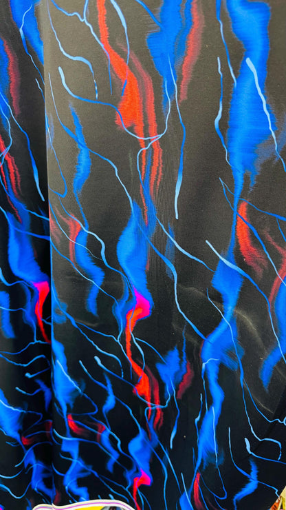 Abstract design black/Multicolor print on nylon spandex 4way Stretch 58/60" Sold by the YD. Ships worldwide from Los Ángeles California USA.