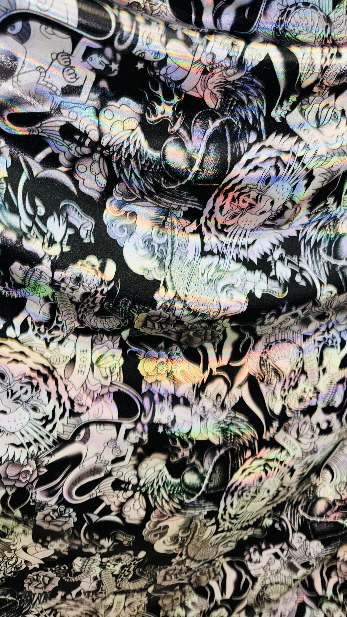 NEW Japanese Tattoo design on Iridescent Metallic nylon spandex with foggy foil  4-way stretch 58/60” High Quality fabrics by AlexLAFabrics