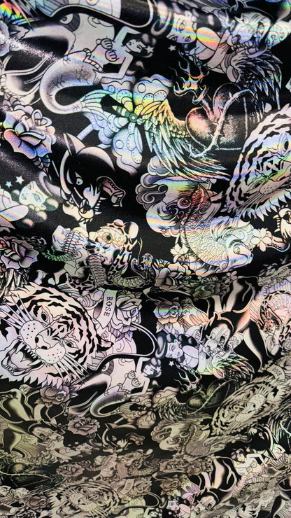 NEW Japanese Tattoo design on Iridescent Metallic nylon spandex with foggy foil  4-way stretch 58/60” High Quality fabrics by AlexLAFabrics