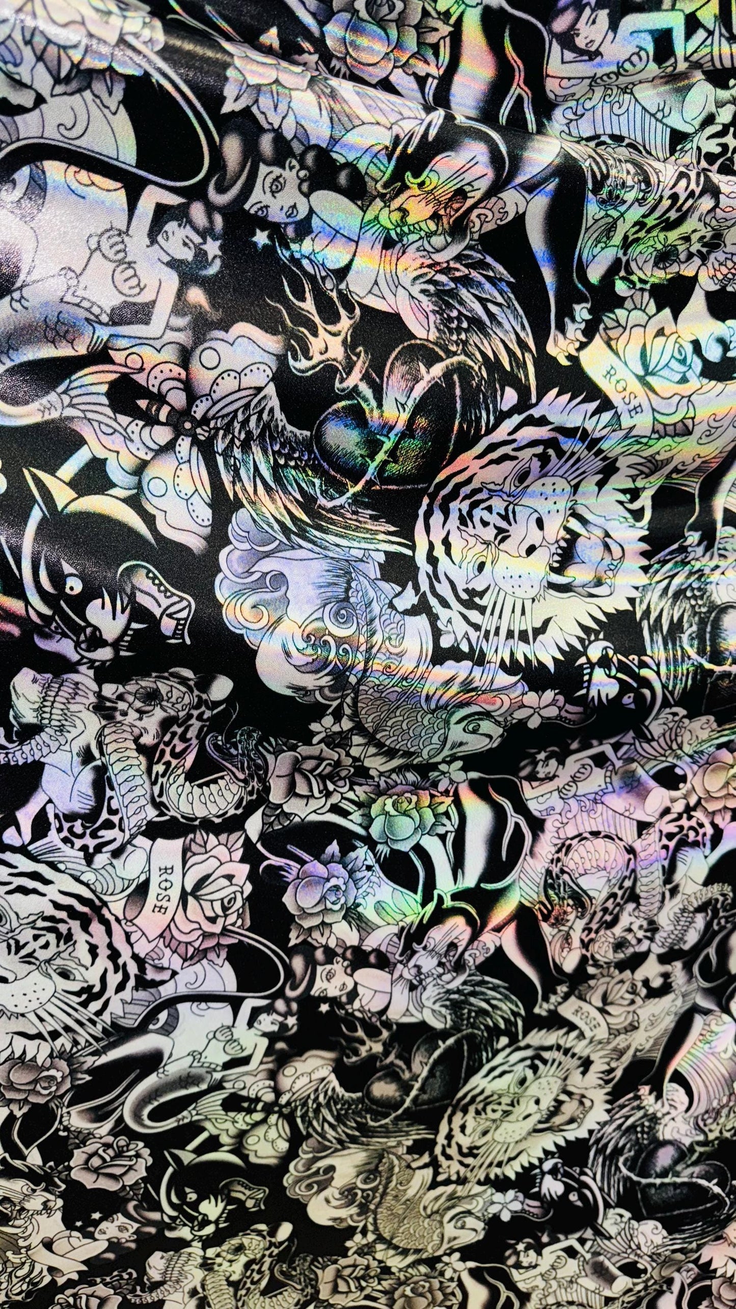 NEW Japanese Tattoo design on Iridescent Metallic nylon spandex with foggy foil  4-way stretch 58/60” High Quality fabrics by AlexLAFabrics