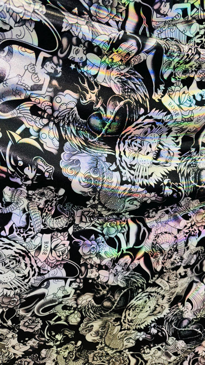 NEW Japanese Tattoo design on Iridescent Metallic nylon spandex with foggy foil  4-way stretch 58/60” High Quality fabrics by AlexLAFabrics