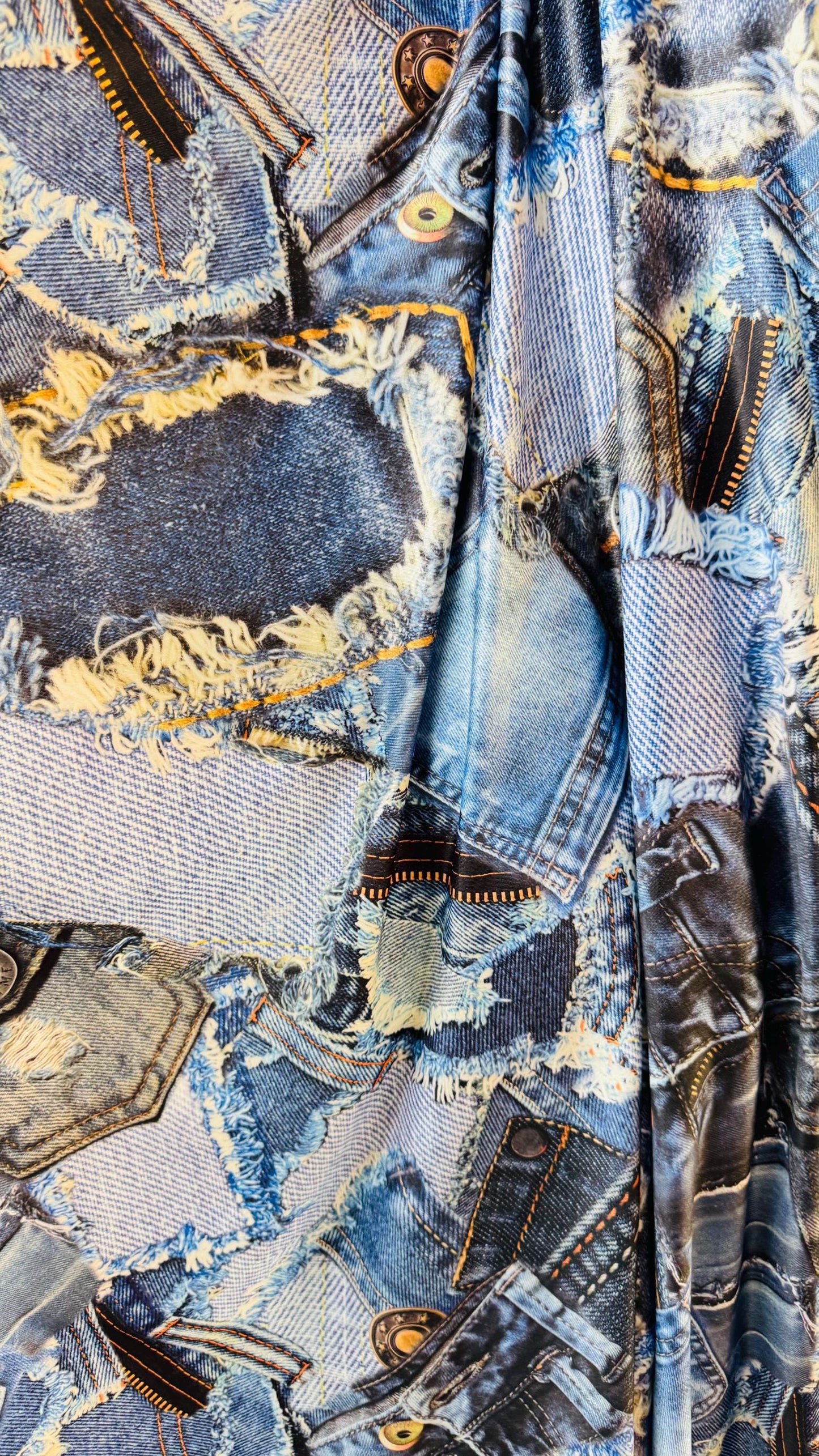 New jeans design print on nylon spandex light weight 4way stretch 58/60” Sold by the YD. Ships worldwide from Los Angeles California USA