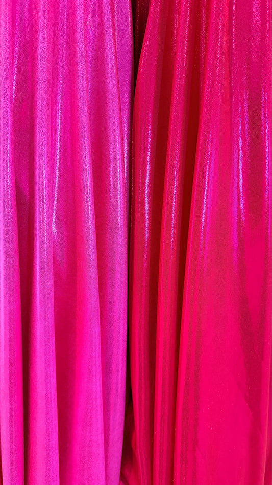 Foggy foil Red/Fuchsia and Hot pink/Fuchsia metallic nylon spandex 4way 58/60" Sold by the YD. Ships worldwide from Los Angeles California