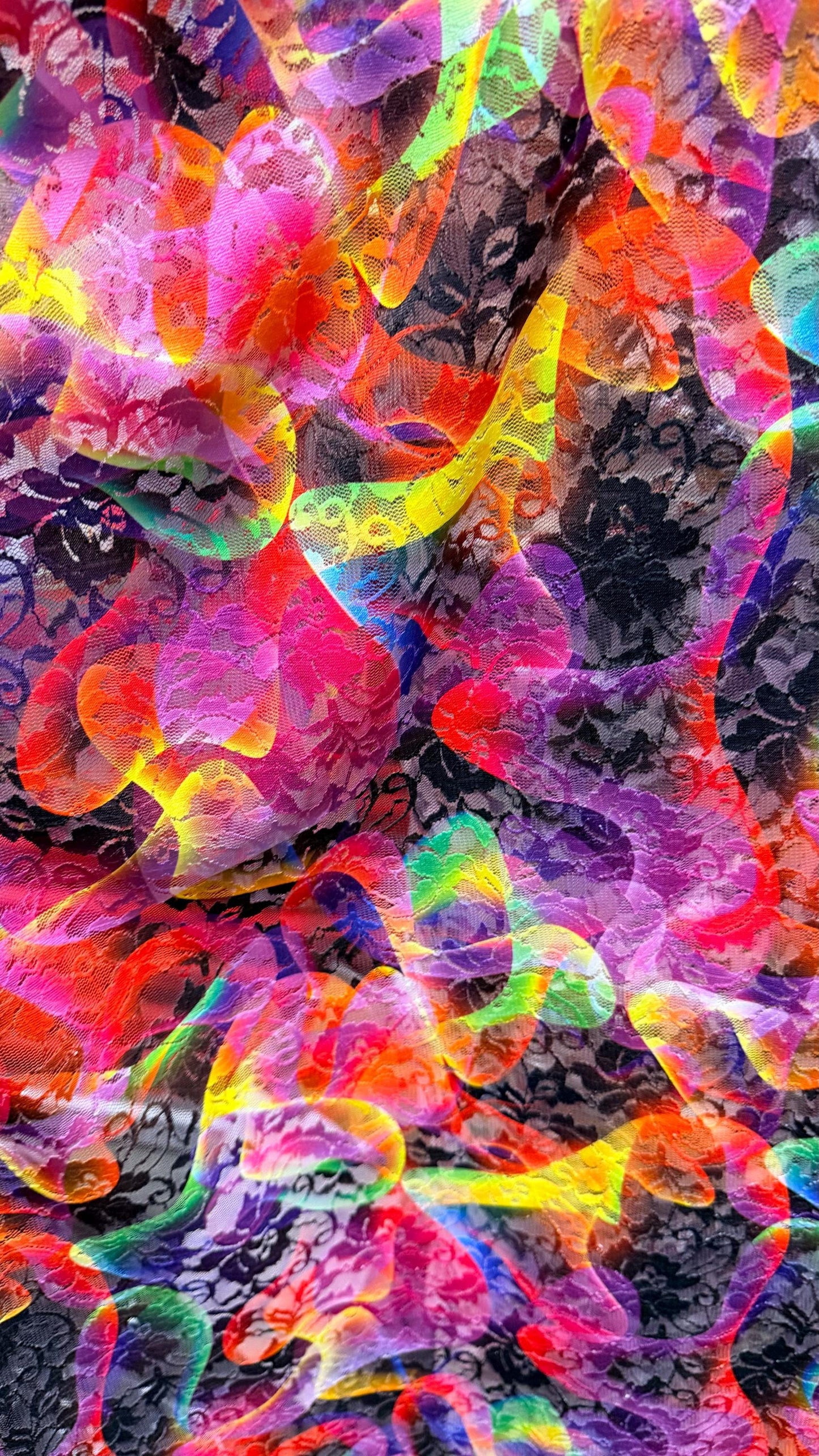 Aurora abstract design print on spandex lace 4way stretch 58/60" sold by the yd. Ships worldwide from Los Angeles California USA.