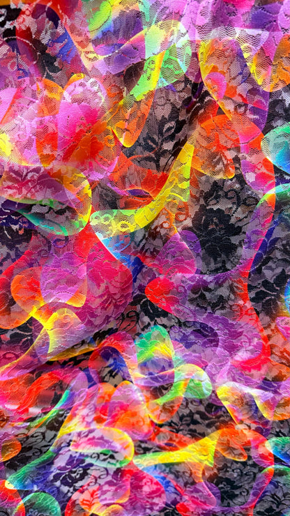 Aurora abstract design print on spandex lace 4way stretch 58/60" sold by the yd. Ships worldwide from Los Angeles California USA.