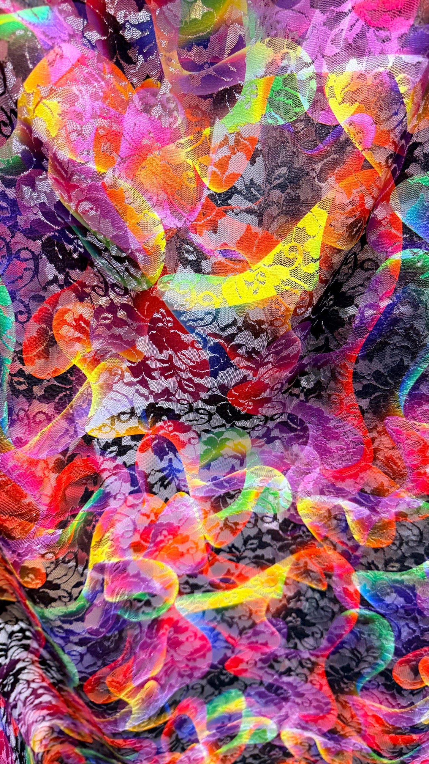 Aurora abstract design print on spandex lace 4way stretch 58/60" sold by the yd. Ships worldwide from Los Angeles California USA.