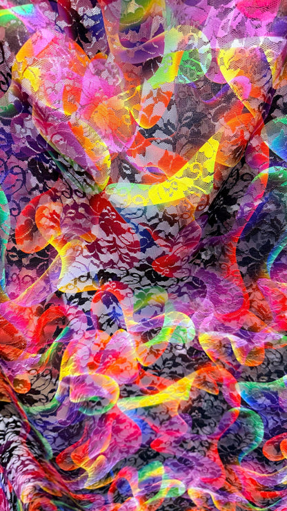 Aurora abstract design print on spandex lace 4way stretch 58/60" sold by the yd. Ships worldwide from Los Angeles California USA.