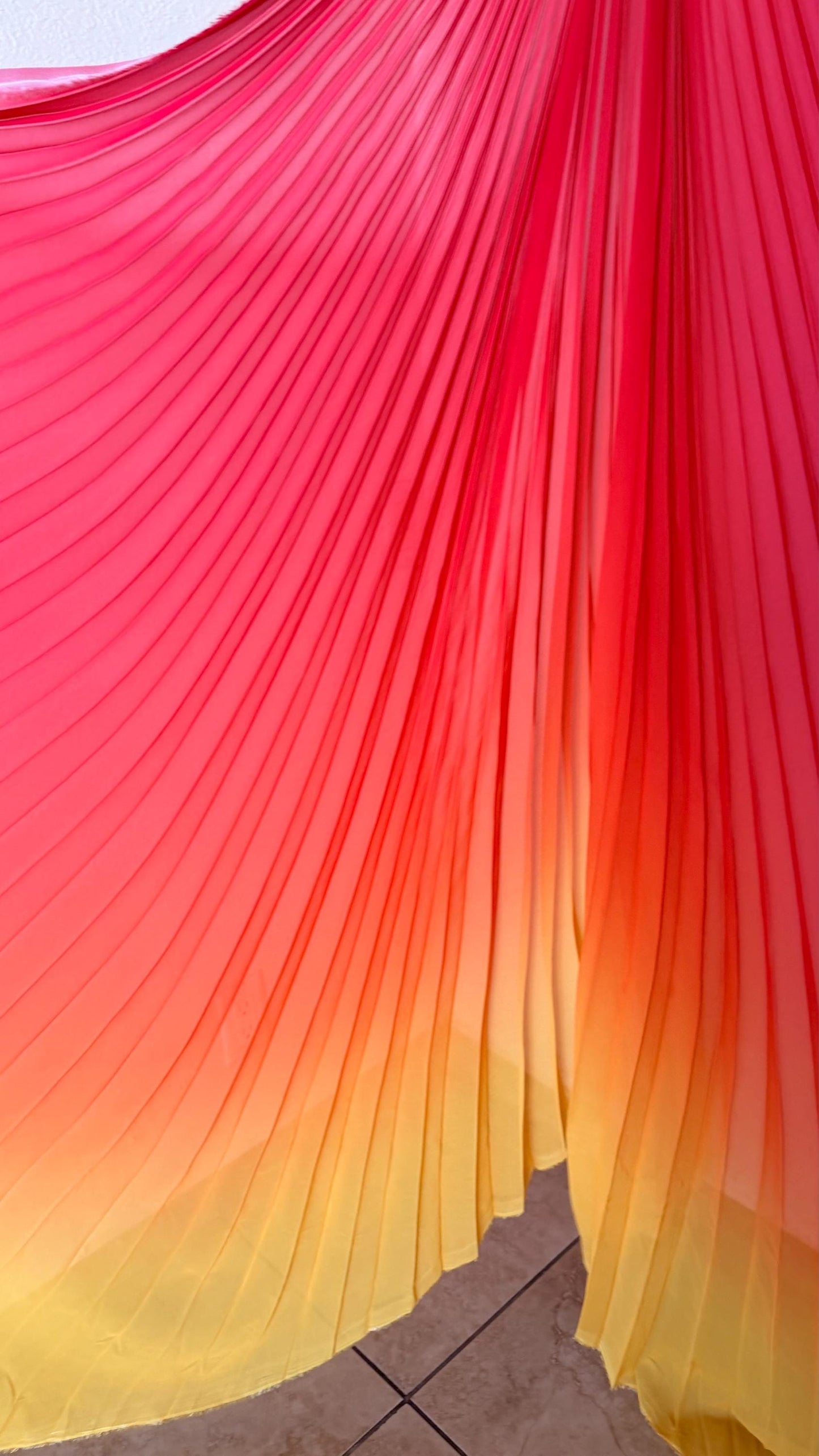 New Ombre Sunburst design Red Orange/Yellow silky chiffon 108”X60” Sold by the Piece. Ships Worldwide from Los Angeles California USA