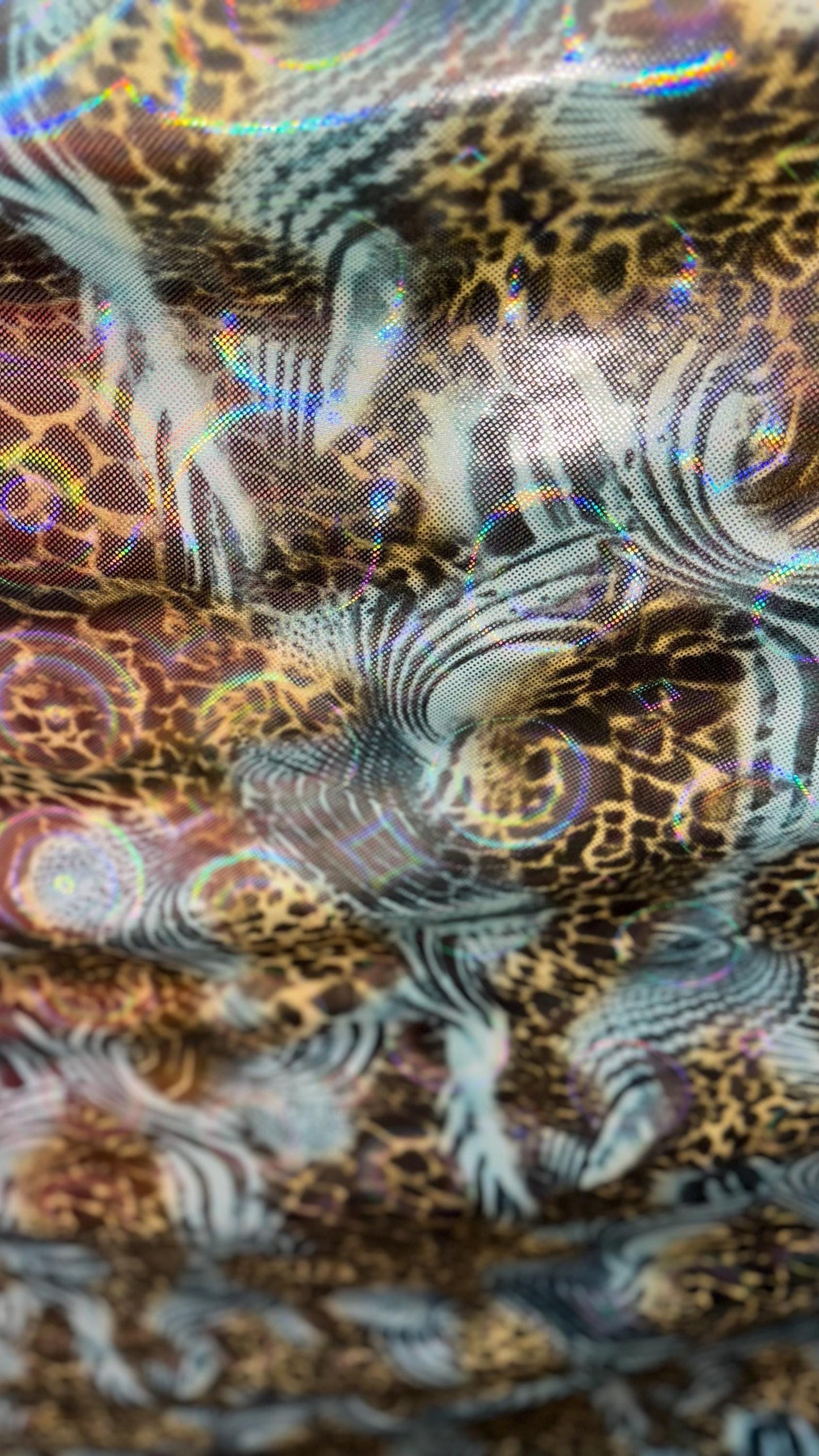 New 3D Safari design multicolor metallic nylon spandex 4way stretch 58/60" Sold by the yd. Ships worldwide from Los Angeles California USA.