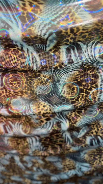 New 3D Safari design multicolor metallic nylon spandex 4way stretch 58/60" Sold by the yd. Ships worldwide from Los Angeles California USA.