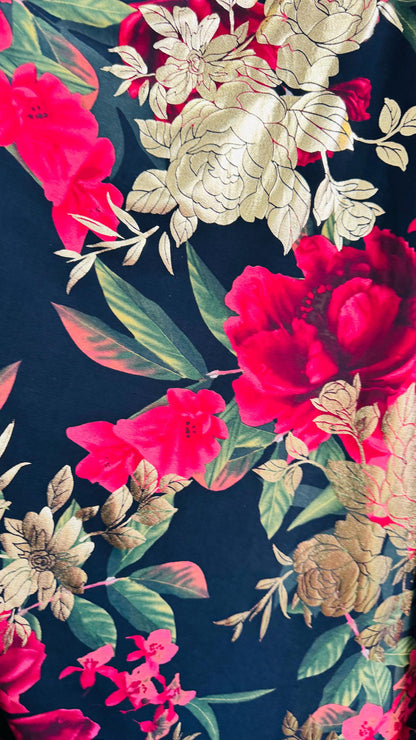New Romantic flower design Black Multicolor print on great quality of Poly spandex with foil  4-way stretch 58/60” Sold by the YD.