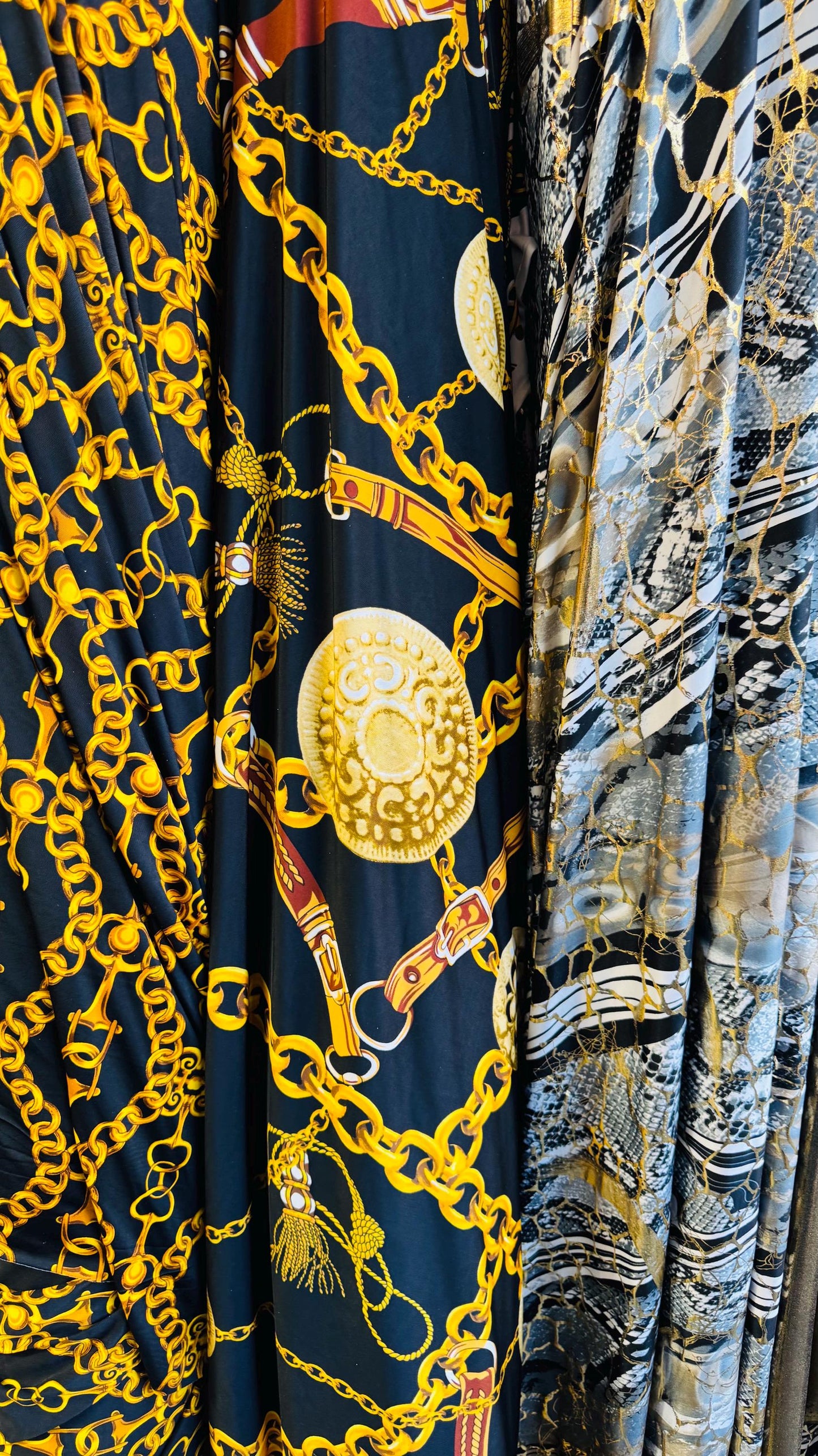 New brand fashion chain and Snake design print on great quality of poly spandex 4-way stretch 58/60” Sold by the YD. Ships Worldwide