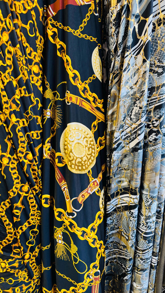 New brand fashion chain and Snake design print on great quality of poly spandex 4-way stretch 58/60” Sold by the YD. Ships Worldwide