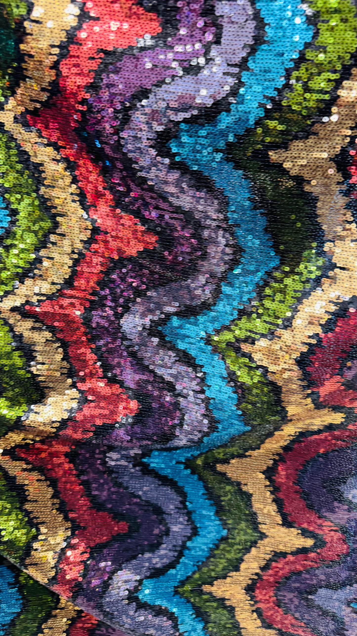 New modern wavy design trans sequins on 4-way stretch power mesh 54/55” Sold by the YD. Ships worldwide from Los Angeles California USA.