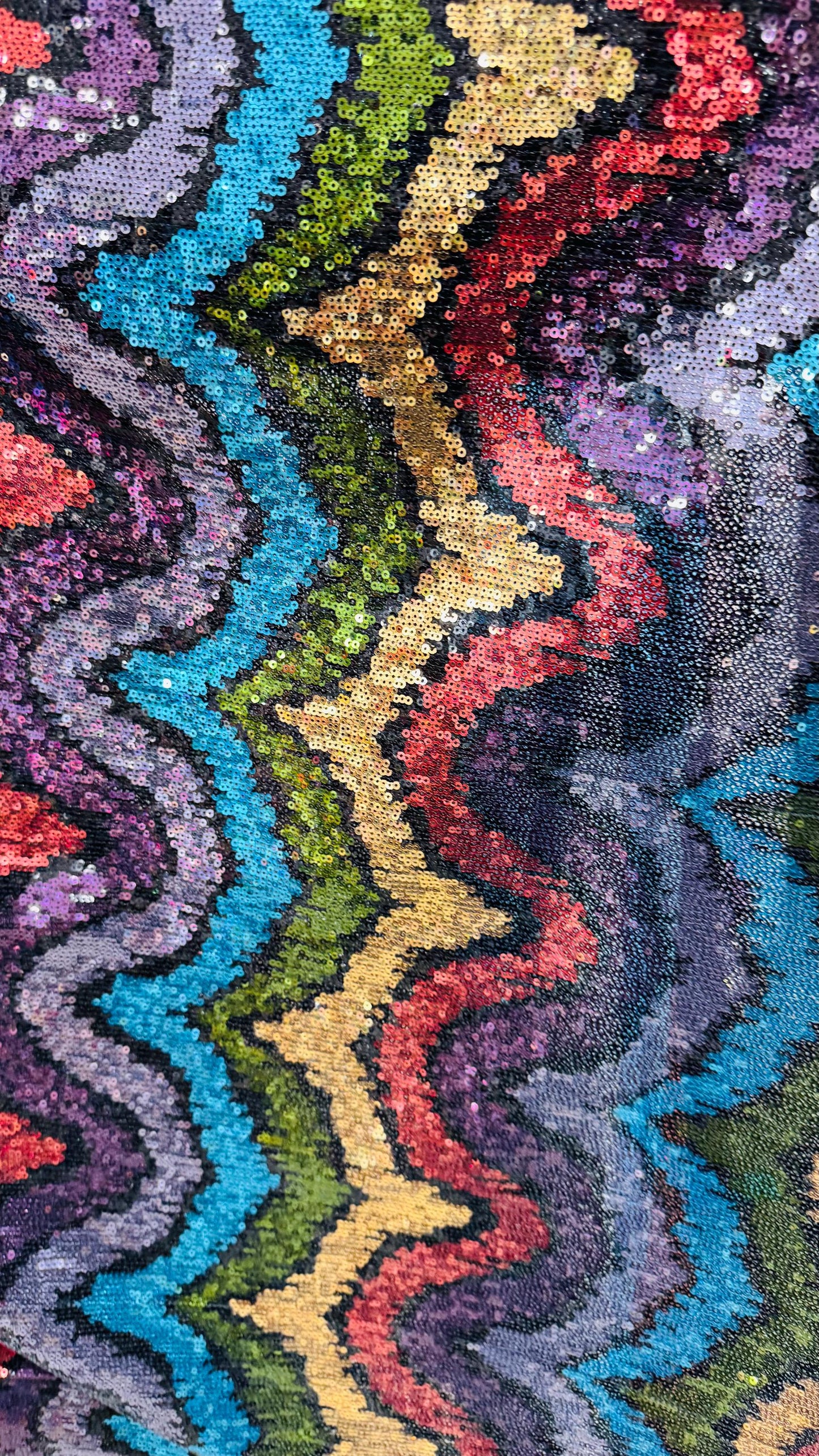 New modern wavy design trans sequins on 4-way stretch power mesh 54/55” Sold by the YD. Ships worldwide from Los Angeles California USA.