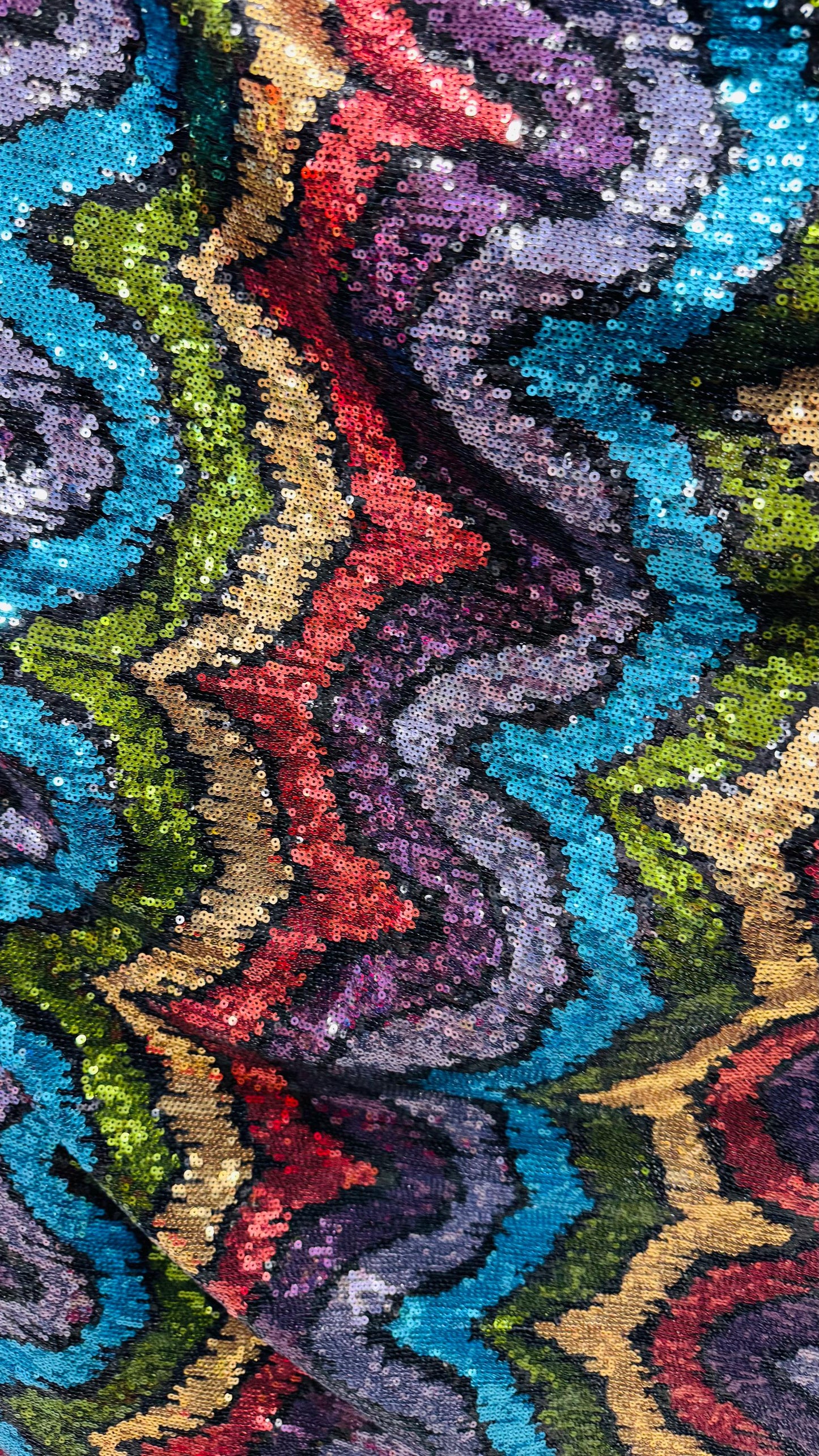 New modern wavy design trans sequins on 4-way stretch power mesh 54/55” Sold by the YD. Ships worldwide from Los Angeles California USA.