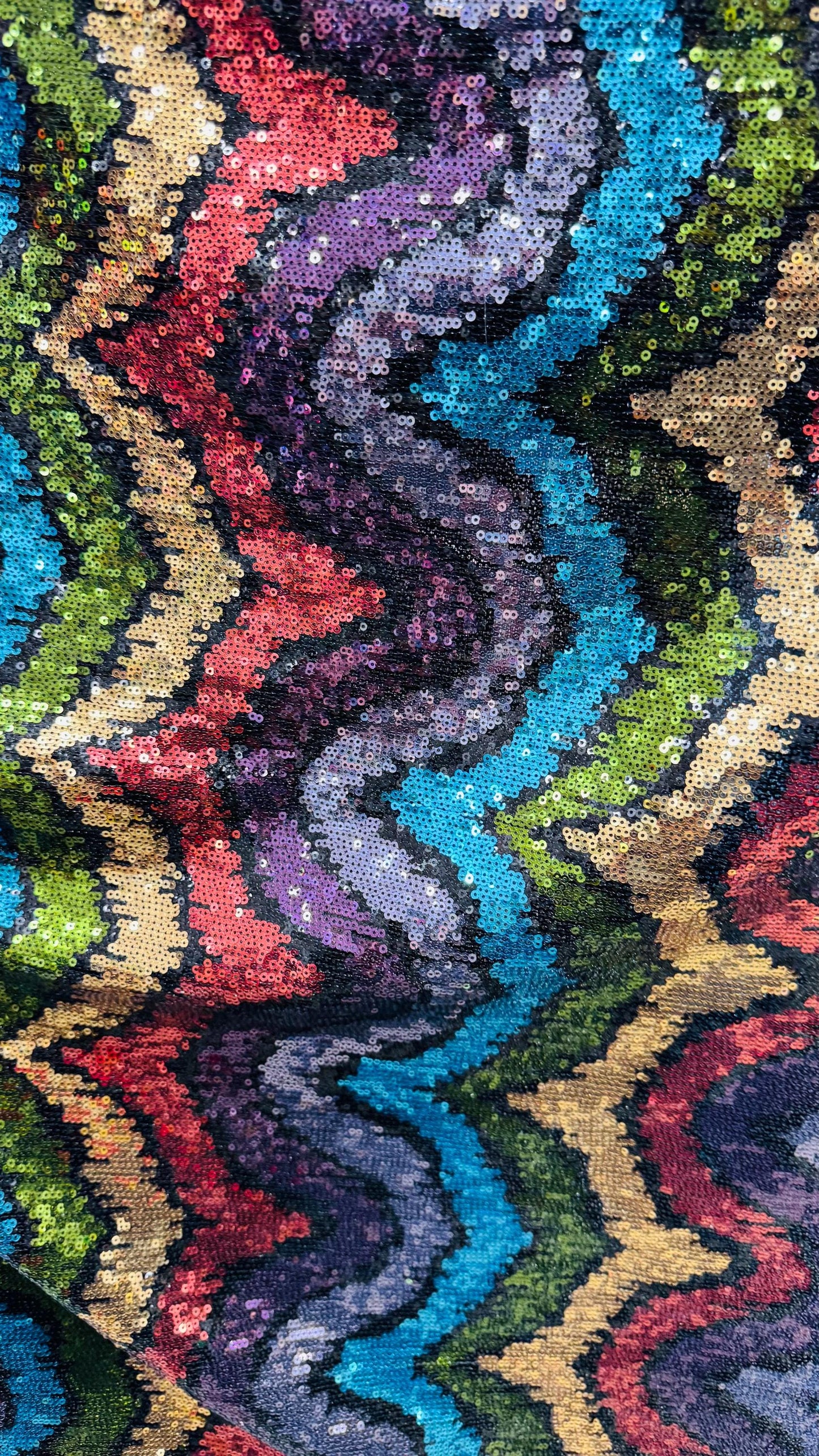 New modern wavy design trans sequins on 4-way stretch power mesh 54/55” Sold by the YD. Ships worldwide from Los Angeles California USA.