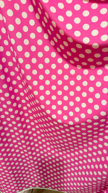 Polka dots design Flamingo/White print on nylon spandex 4way stretch  58/60" sold by the Yd. Ships worldwide from Los Angeles California USA